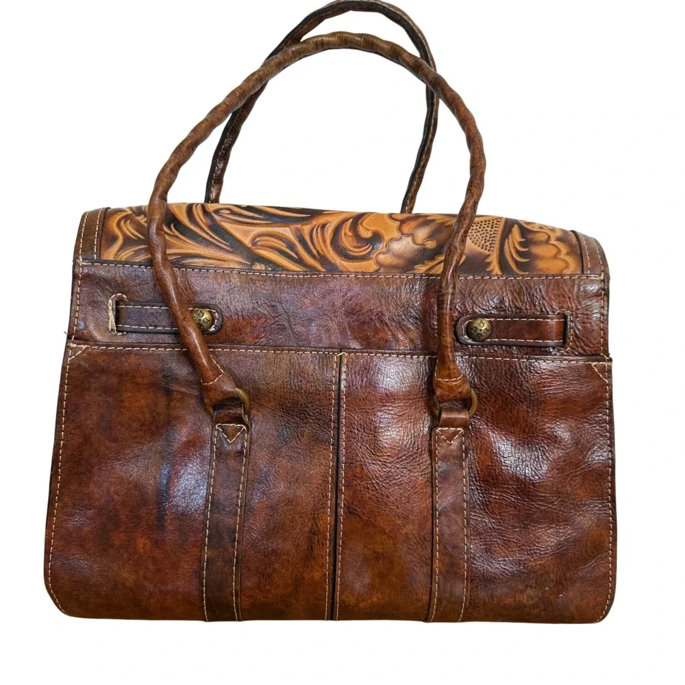 $300 Patricia Nash Vienna Satchel Tuscan Tan Hand Tooled Leather Floral Handbag